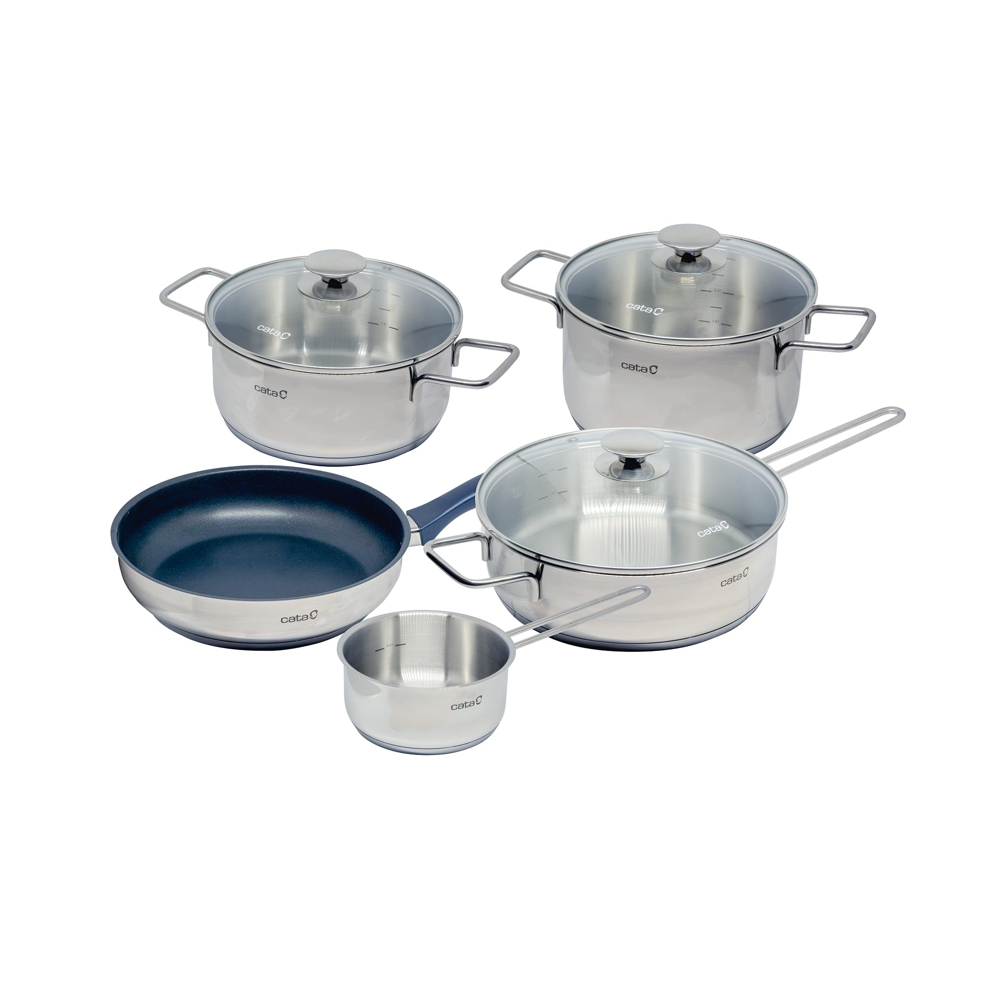 Cata New York 5 Piece Pan and Saucepan Set with Glass Lid Polished Stainless Steel Induction