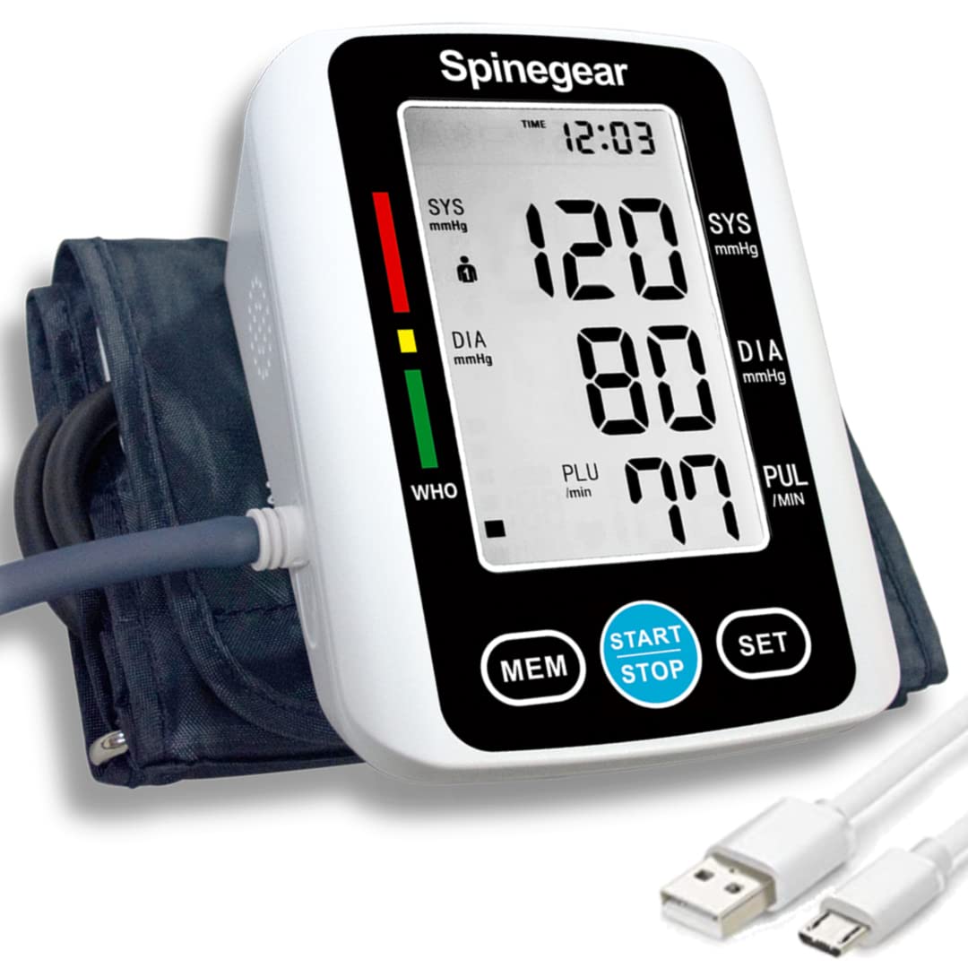 Spinegear Blood Pressure Monitor Upper Arm Digital BP Machine with Cuff, USB or Battery Powered, Automatic Pulse & Irregular Heartbeat Detection, Fast Reading, Large LCD Display & Voice Function for H