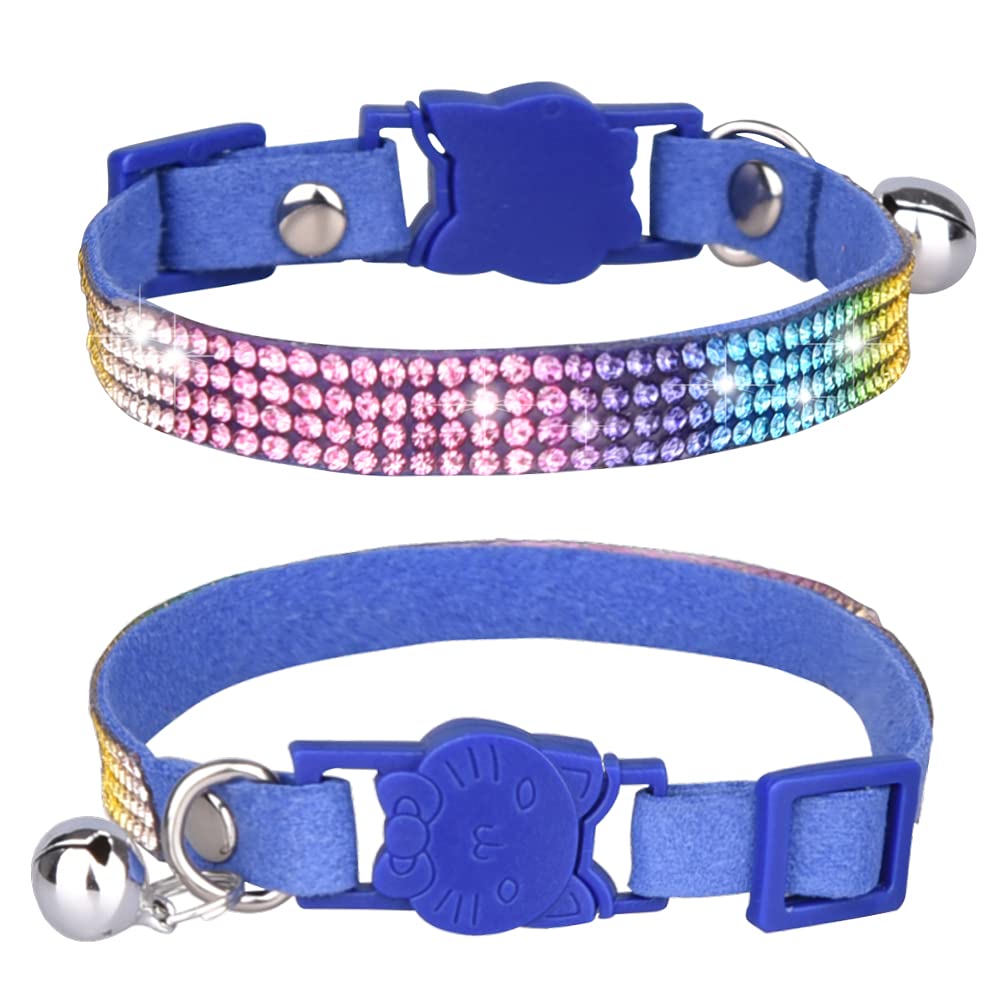 Pet Collar,Cat Collar with Bell Safety Buckle Release,Bling Bling Rainbow Rhinestone Kitten Collars Adjustable 25-32cm for Cats Puppy small dogs