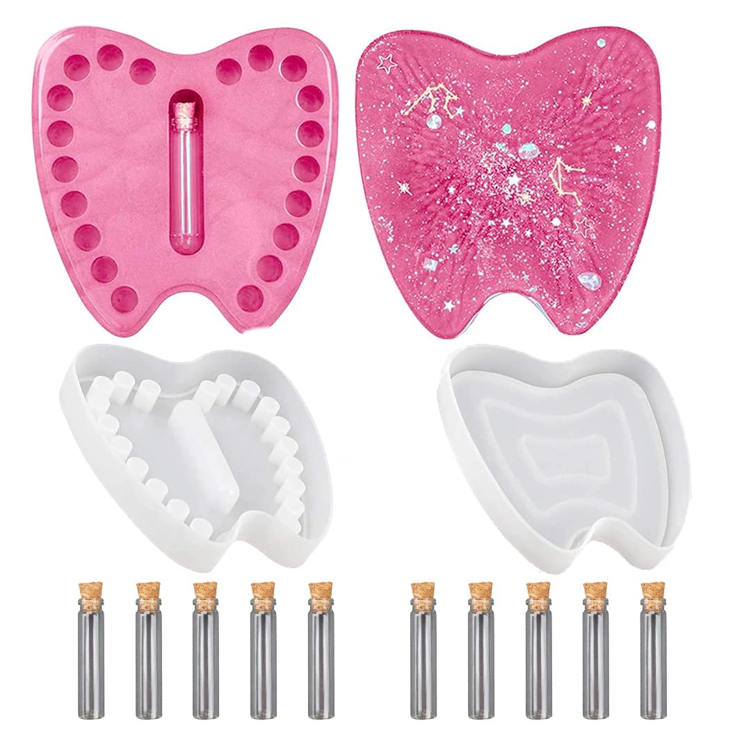 DIYBravo Resin Mould Teeth Box, Store 20 Teeth Unique Creative Silicone Mould Epoxy Resin Casting Mould Keepsake for Deciduous Teeth Collection (with 10 Lanugo Bottles)