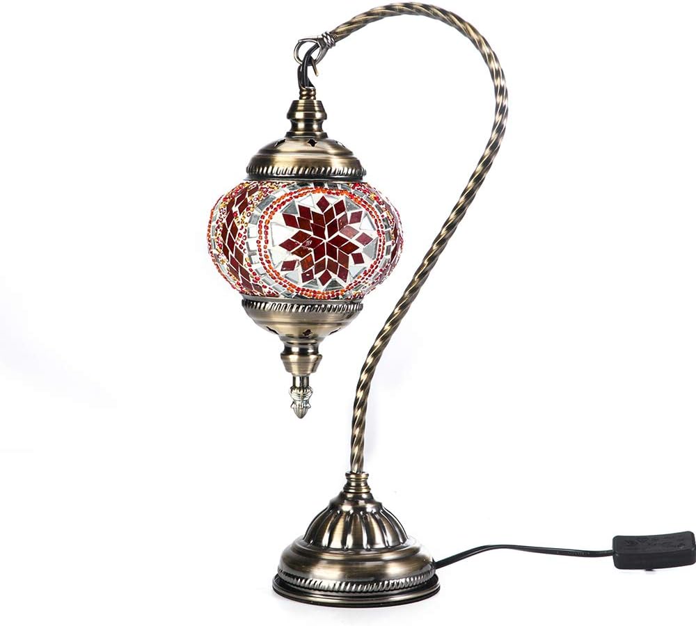 Kindgoo Turkish Mosaic Table Lamp for Living Room Tiffany Bedside Lamp Hanging Swan Neck, Led Bulb Included (Red)