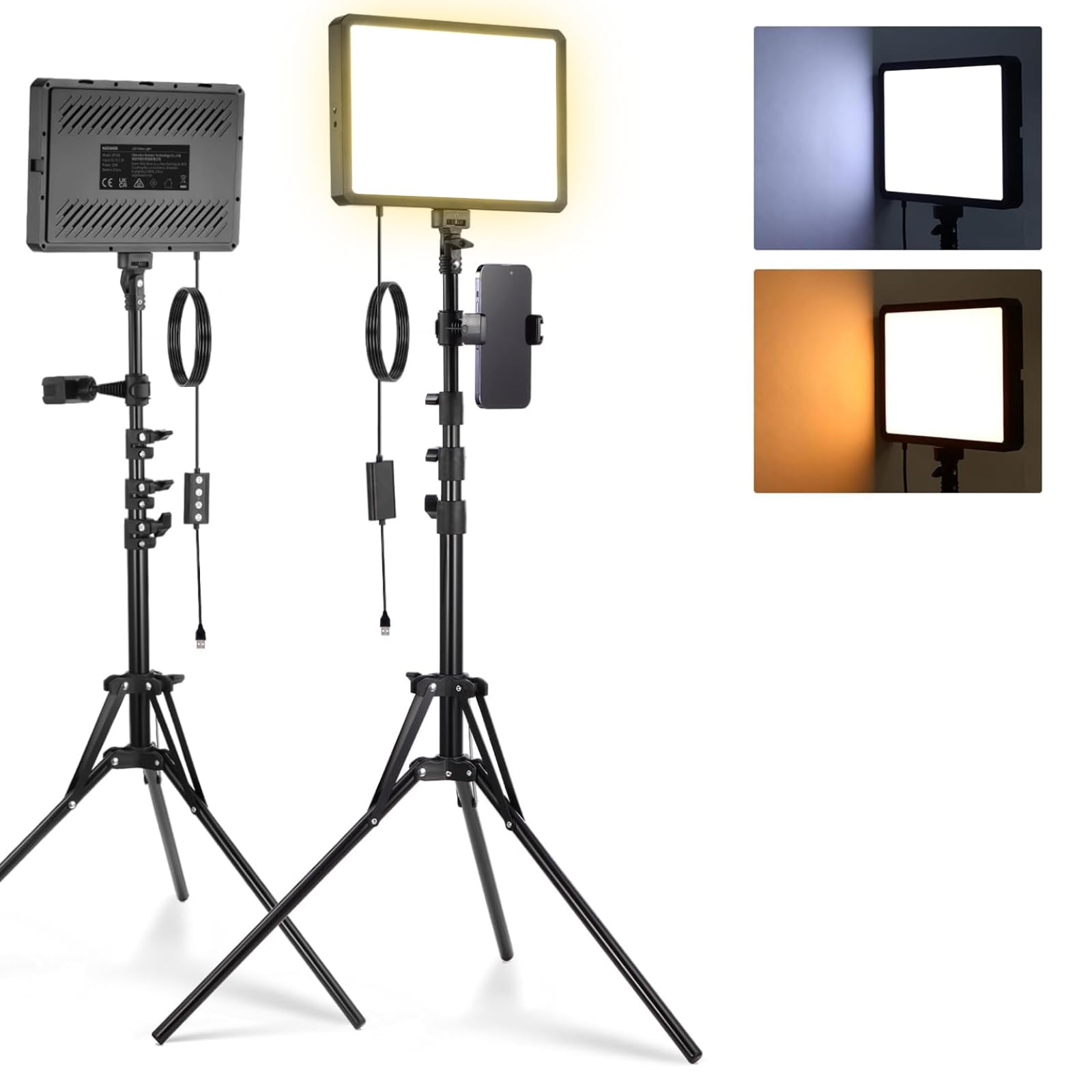 Photo 1 of NEEWER Basics 2Pcs LED Video Light Panel with 59'' Tripod Stands/Phone Holders, 2700-6500K 850Lux Dimmable Plastic Studio Lighting for Photography Filming Recording Live Streaming, No Adapter, BP300