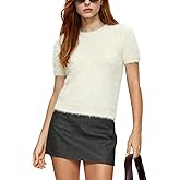 Wyeysyt Womens Short Sleeve Sweater Fuzzy Cropped Sweaters Crewneck Soft Knit Pullover