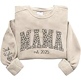 GODMERCH Custom Leopard Mama Sweatshirt With Kid Name On Sleeve, Personalized Mom Sweatshirts, Mama Est 2025 Sweatshirt, Personalized Gifts for Mom Grandma, Christmas Shirts