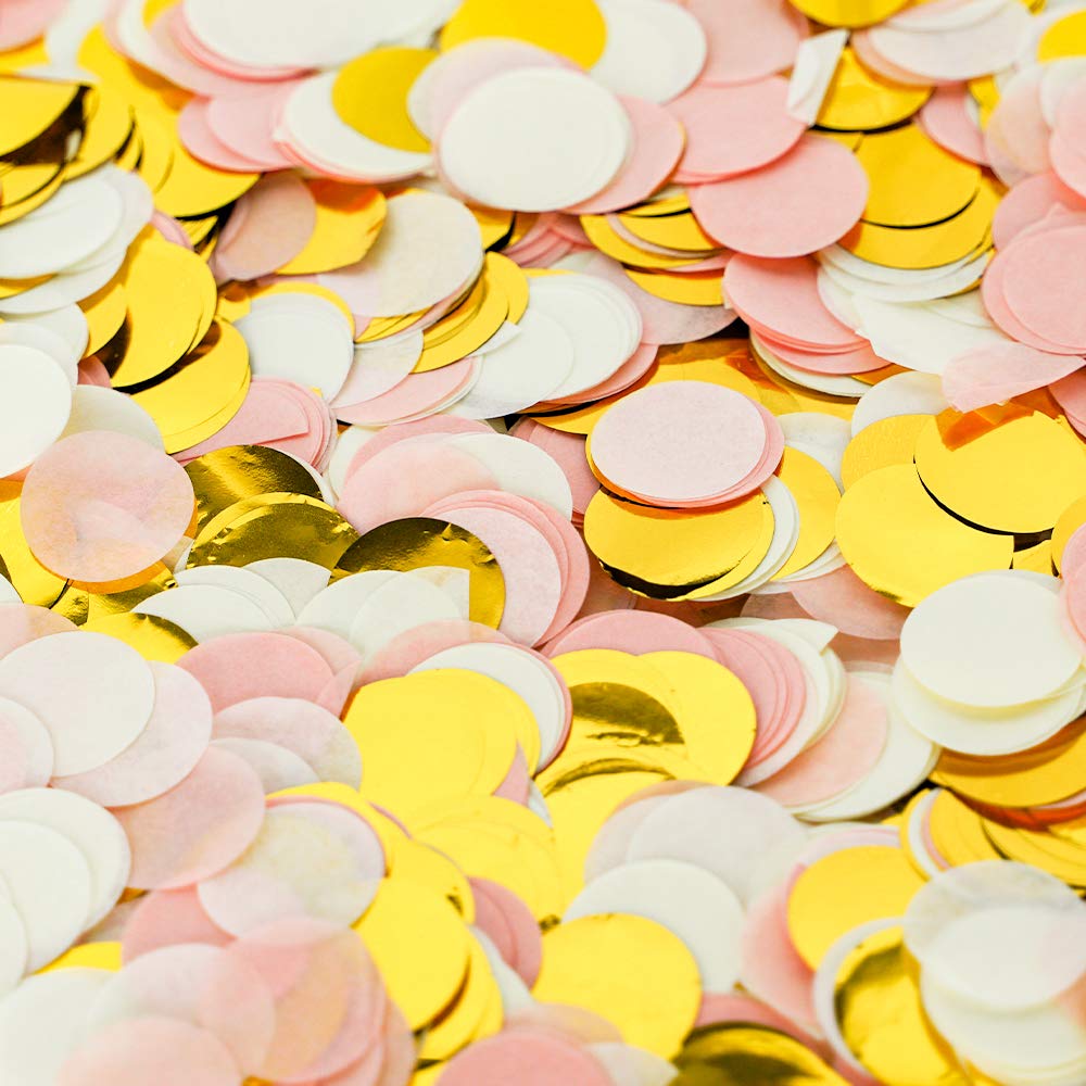 2.5cm Paper and Foil Confetti Peach Dream Mix Round Tissue Confetti 6000pcs for Parties Weddings Birthday Party Balloon Table Decoration (Peach, Light Cream, Gold)