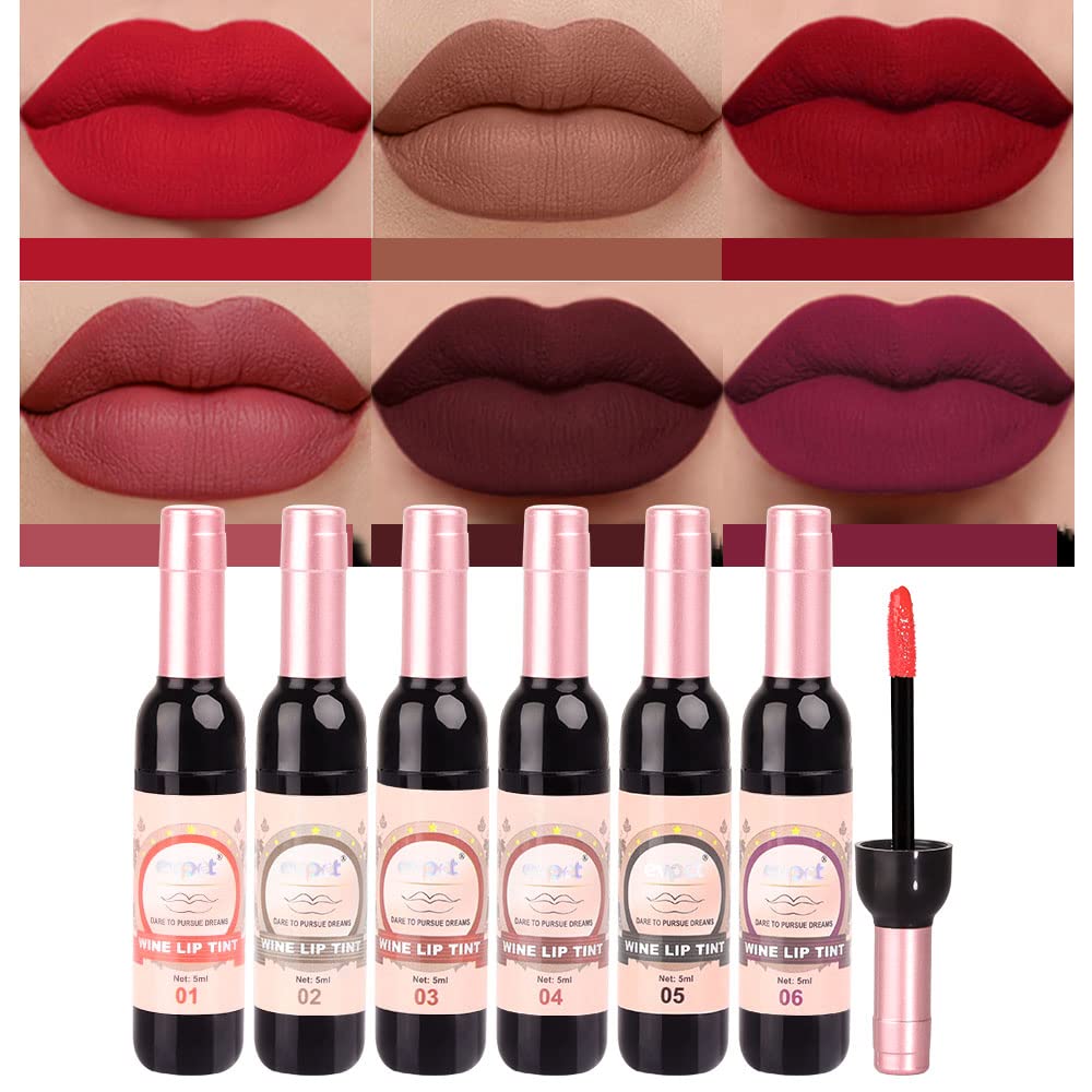 6 Colors Matte Red Wine Liquid Lipstick Pack Set,Wine bottle Lip Tint Long Lasting 24 Hour Waterproof Velvet Nonstick Cup Lipgloss Lip Stain Pigmented Lip Makeup Gift Sets for Girls and Women Labiales