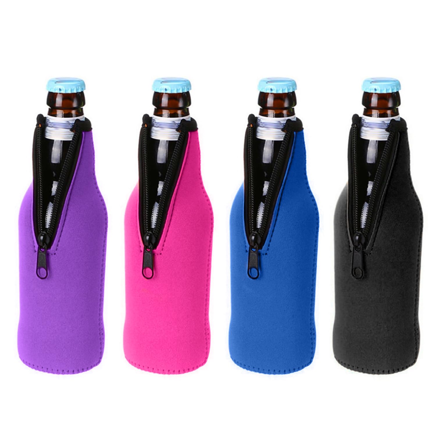 4 Pieces Wine Bottle Cooler, Collapsible Beer Bottle Sleeves, Rubber Insulated Sleeves, Zippered Beer Bottle Holder for Beer, Drinks (Black, Blue, Rose Red, Purple)