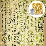KASZOO 84Ft 12 Pack Artificial Ivy Garland Fake Plants, Vine Hanging Garland with 80 LED String Light, Hanging for Home Kitchen Garden Office Wedding Wall Decor, Green