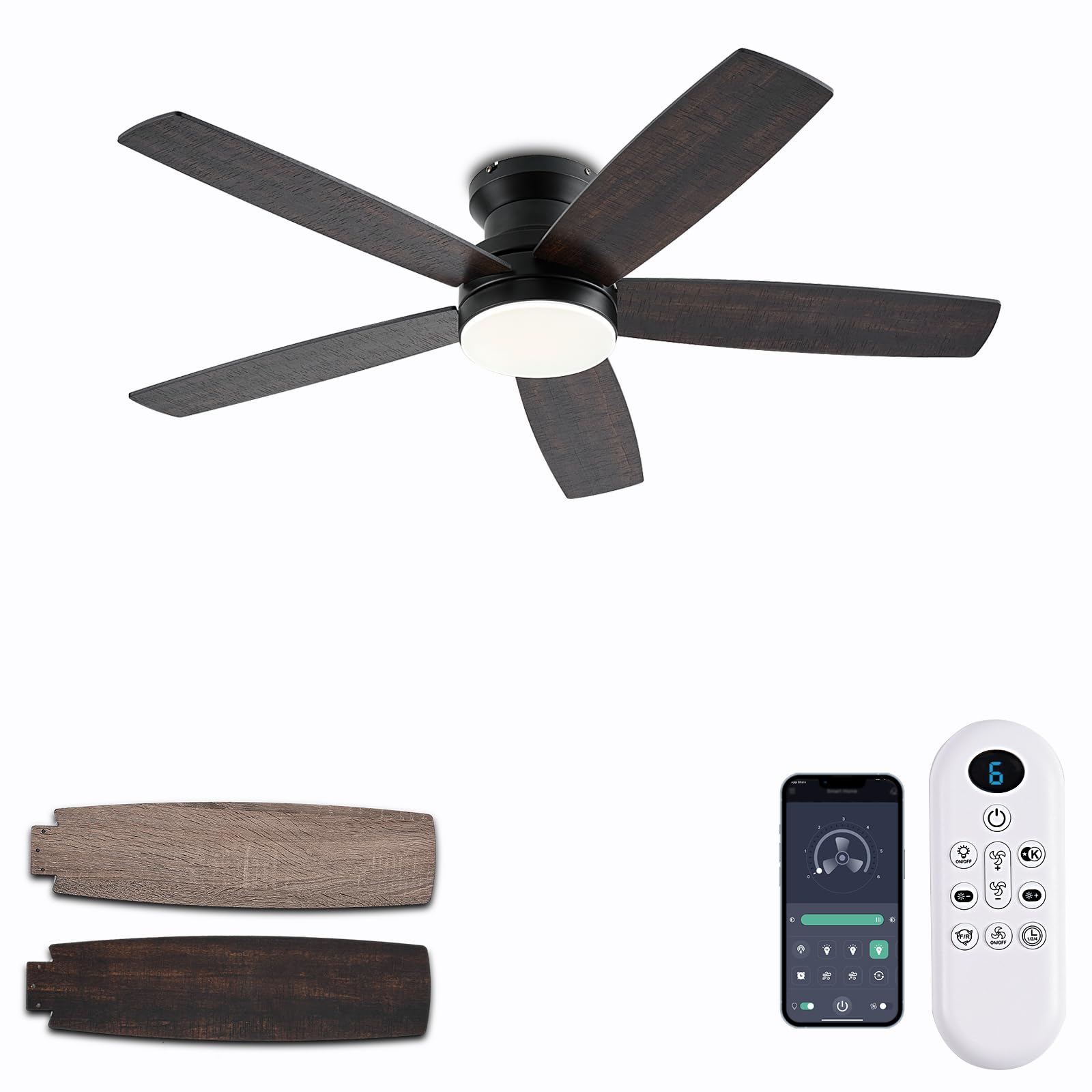 Photo 1 of NKPU Ceiling Fans with Lights, 48Inch Low Profile Ceiling Fan with Light and Remote/App Control, Flush Mount, Reversible, 3CCT, Dimmable, Noiseless, Indoor/Outdoor Patios (Brown)