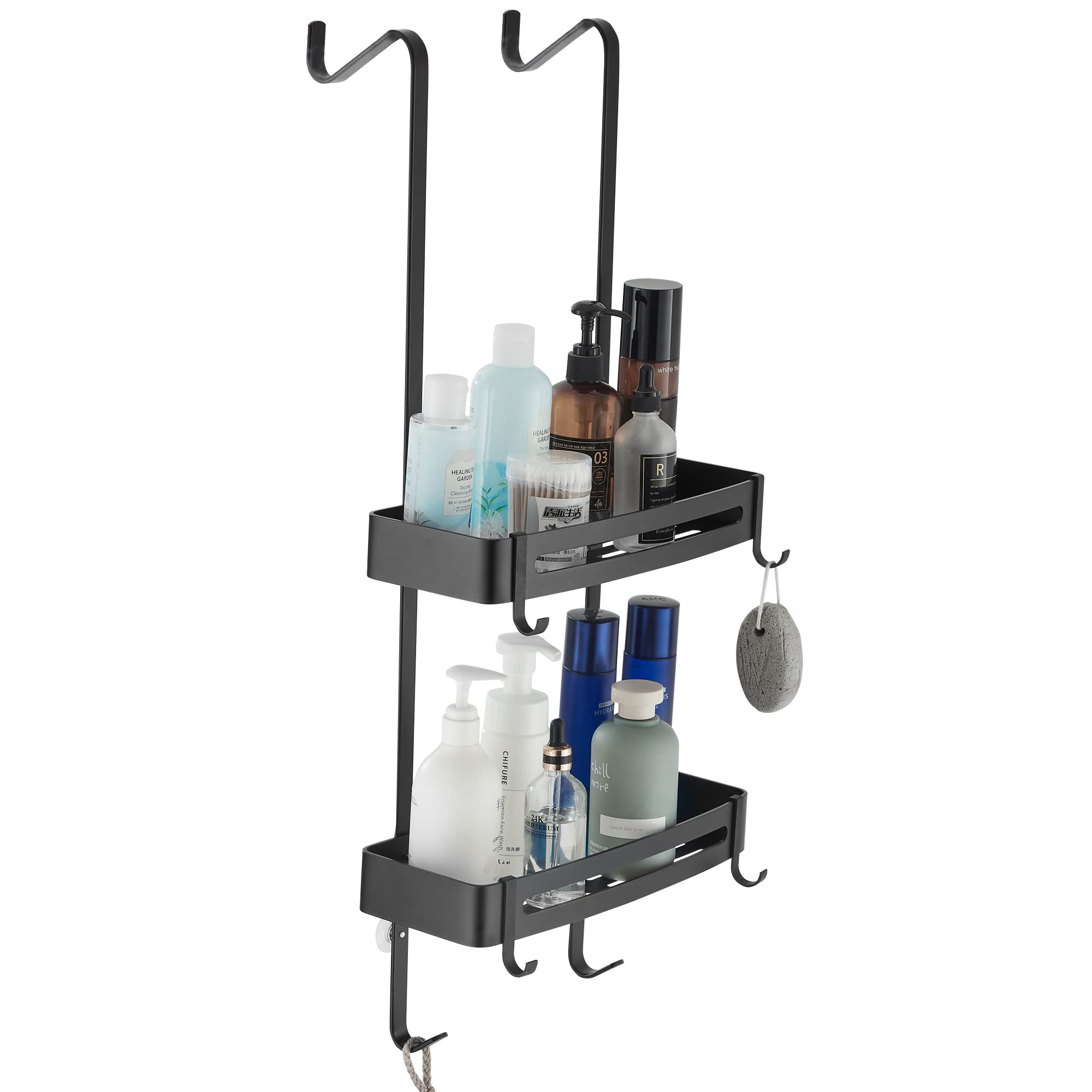 MOGFCT Bathroom Shower Caddy Over The Door Hanging Shower Organizer Storage Aluminum Shower Shelf Rust Proof Bathroom Shelves Basket Rack with Hook Rust Free (Black)