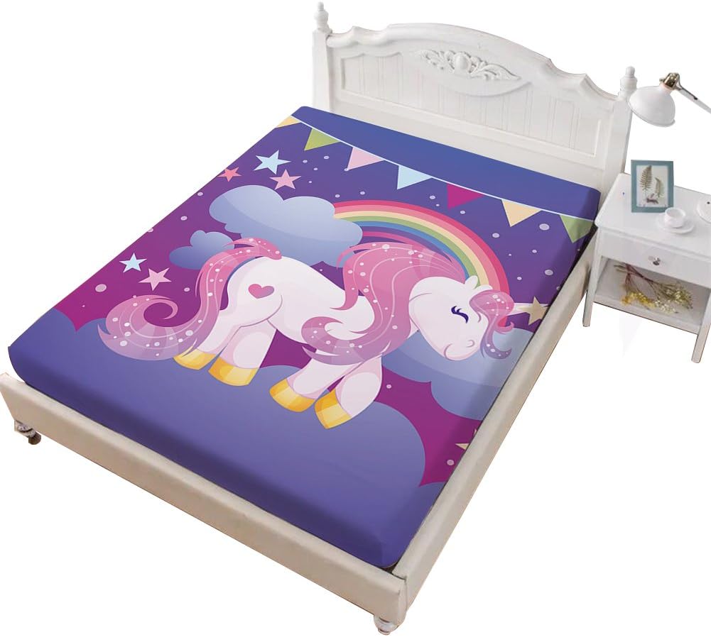 Hsign Girls Fitted Sheet Single Bed Sheet Unicorn Printed Soft Breathable Purple Sheets 1 PC
