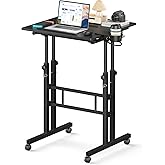 Enayplon Small Standing Desk with Wheels, Mobile Stand Up Desk, Portable Standing Table on Wheels for Walking Pad, Rolling Computer Desk Adjustable Height, Tall Table