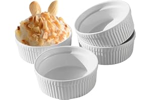 Cinf White 10 oz Set of 4 Souffle Dishes Ramekins Oven Microwave Safe Bowls Creme Brulee Set Sauce Cups for Baking Cooking Dessert Porcelain Pudding Cups