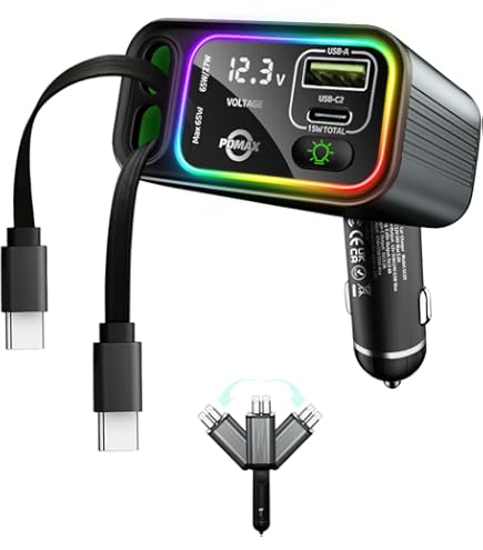 Chargeur Voiture 120W Super Rapide - 2 Câbles Rétractables 80cm - Affichage Tension - Compatible 12V/24V - 9