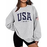 Lacozy Womens Oversized USA Sweatshirt Crewneck American Flag Sweater Long Sleeve Loose Fleece Top 4th of July Outfit