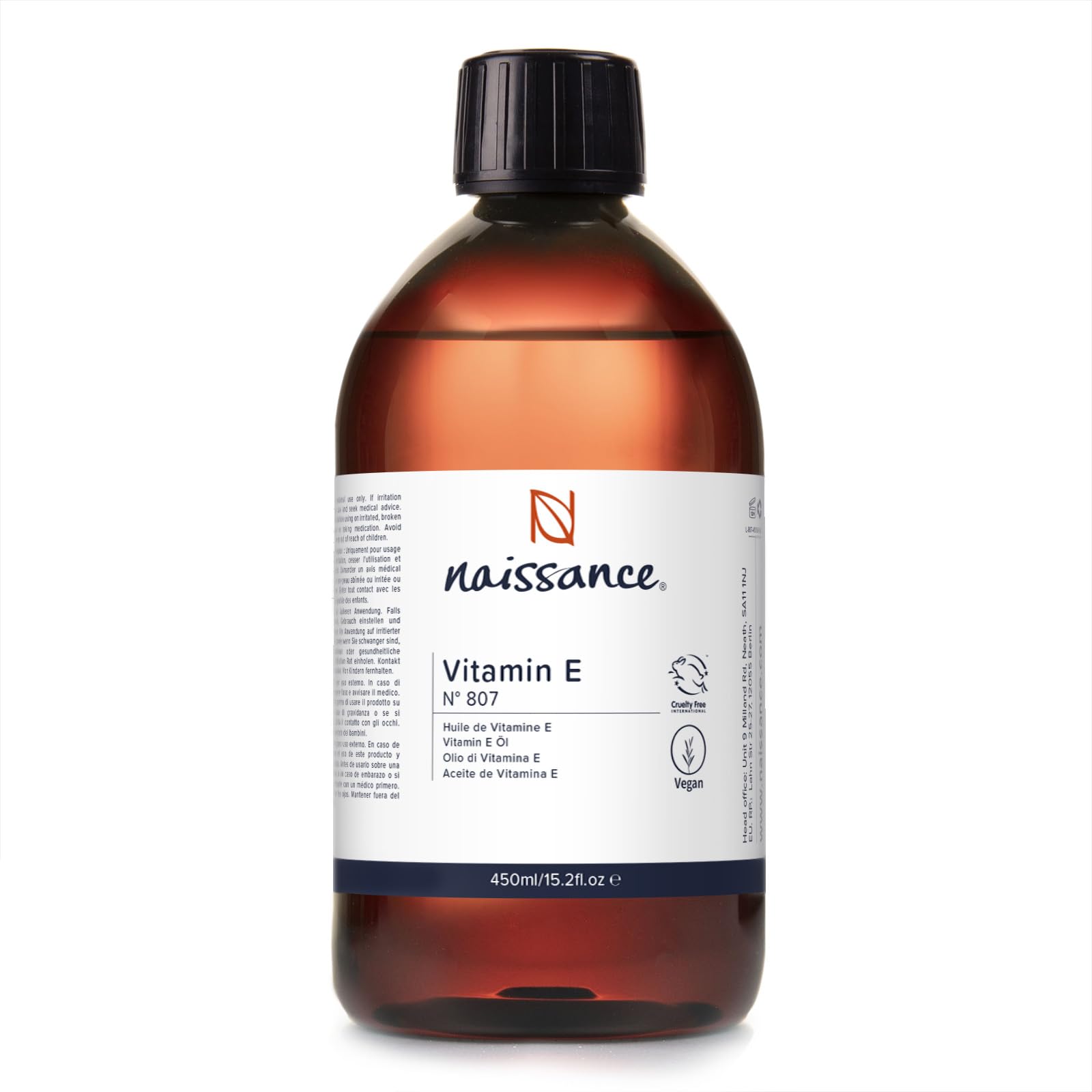 Naissance Vitamin E Oil (no. 807) 450ml - for Skin, Face, Hair Growth, Scalp, Nails, Cuticles, Scars - Natural & Plant-based