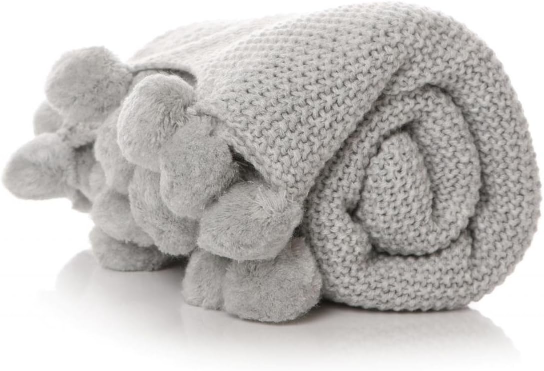 Contemporary Pom Pom Soft Grey Knitted Throw Blanket