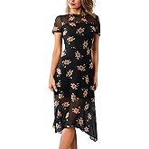 CUPSHE Women's Summer Dresses Sheer Floral Mesh Short Sleeve Midi Dress Fitted Casual Vacation Party Wedding Guest Dress