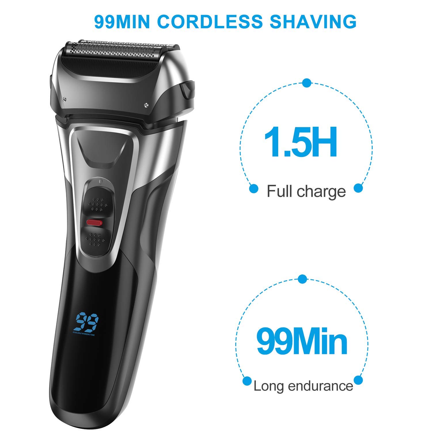 Electric Shaver with Trimmer for Men, IPX7 Waterproof Wet Dry Cordless Razor, Charge 1.5H Work 99 Mins, Plug and Play, USB Quick Rechargeable LCD Display Battery