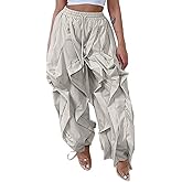YAWJET Women Casual Baggy Cargo Pants Trendy High Waisted Ruffle Patchwork Long Trousers with Drawstring