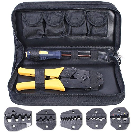 Amzdeal Crimping Tool Kit Ratchet Terminal Connector Plier Crimper 5 Interchangeable Die Sets Insulated Non-insulated Cable Wire Crimper Tool with Bag