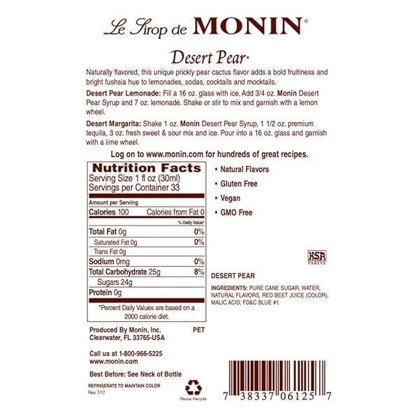 MONIN – DESERT PEAR SYRUP, BOLD FLAVOR OF PRICKLY PEAR CACTUS, NATURAL FLAVORS, GREAT FOR ICED TEAS, LEMONADES, COCKTAILS, MOCKTAILS, AND SODAS, NON-GMO, GLUTEN-FREE (1 LITER)