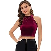 Allegra K Women's Halter Neck Velvet Velour Basic Layering Party Sleeveless Crop Top