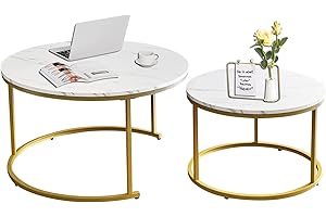 AT-VALY Coffee Table Set of 2 Nesting Tables,Round Sofa Table for Living Room, (D) 31.5" x(H) 18.5", (D) 23.6" x(H) 15.3" (Gold & White)