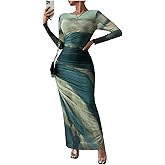 Women's Tie Dye Long Sleeve Maxi Dress Bodycon Ruched Night Out Formal Cocktail Long Dress for Wedding Guest Party