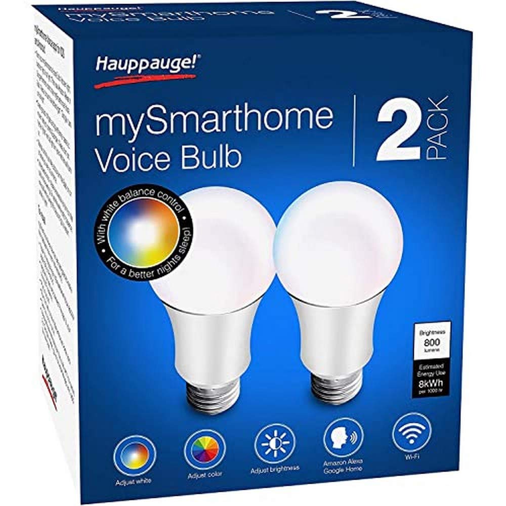 Hauppauge mySmarthome Voice Bulb, Pack of 2 WiFi LED RGB-w, Voice Control Amazon Alexa, Echo, Dot, Google Home, Brightness/Colour Controllable via APP, 01673