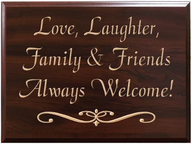 TimberCreekDesign Love, Laughter, Family & Friends Always Welcome! Decorative Carved Wood Sign Quote, Faux Cherry