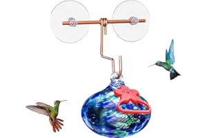 Pozfun Window Hummingbird Feeder with Suction Cups,Hand-Blown Glass Hummingbird Feeders for Outdoors Window Mounted with Metal Hook,Close Bird Watching,Finch in Garden,Yard(Dotted Blue)
