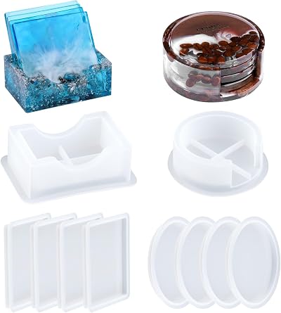 EPODA Epoxy Resin Coaster Molds with Holder Set 8 Pcs Round Square DIY Casting
