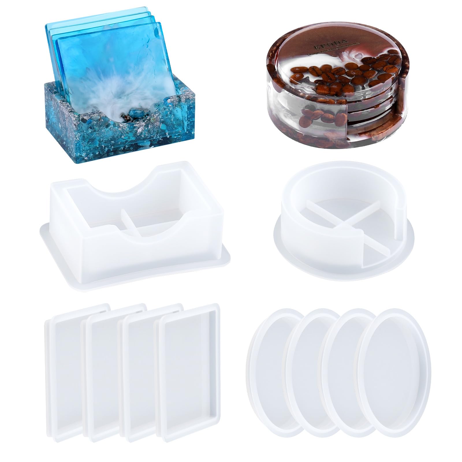 EPODACoaster mould Epoxy Resin & Silicone Coaster Molds with Holder, 8 Pieces Round & Square, DIY Casting Molds