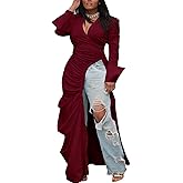 Seltaon Sexy Shirt Dresses for Women High Low Asymmetrical Tops Long Sleeve T Shirt Dress