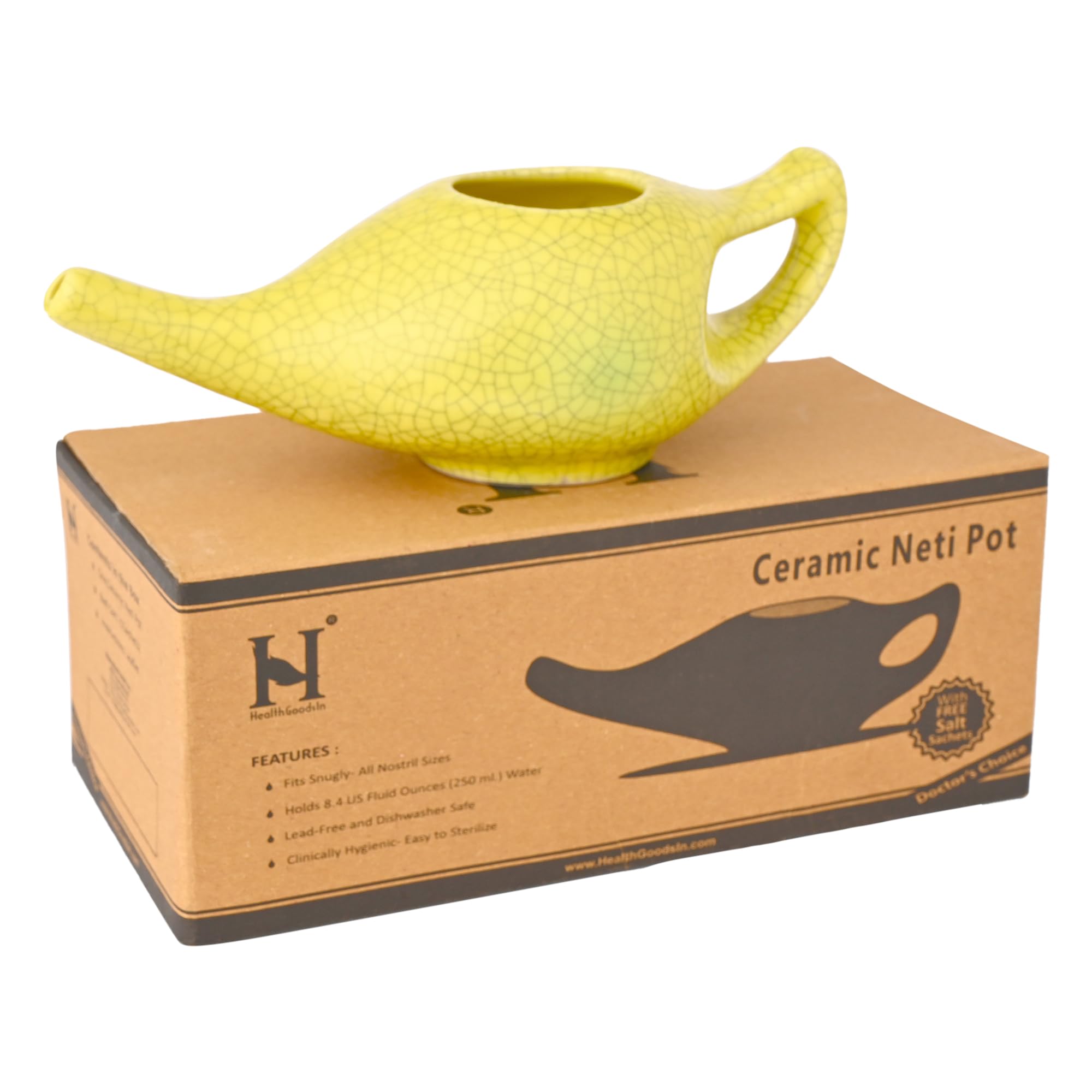Ceramic Neti Pot for Nasal Cleansing Crackle Pattern | Neti Pot with 10 Sachets of Neti Salt + Instructions Leaflet | Natural Treatment for Sinus, Infection and Congestion (Yellow)