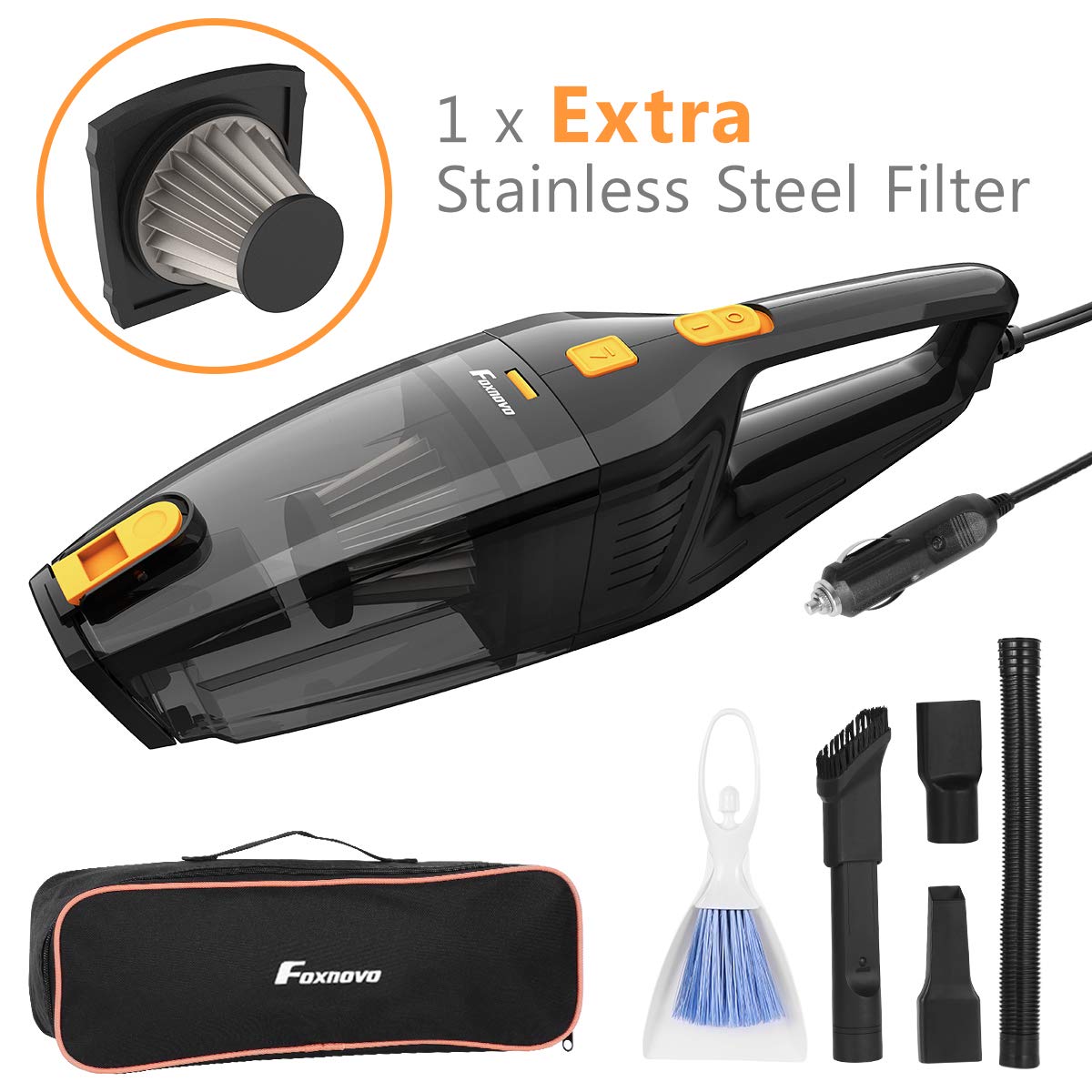 Foxnovo Car Vacuum Cleaner,DC 12V 120W High Power,Wet Dry Portable Handheld Auto Vacuum Cleaner for Car with 14.8ft Cable,Stainless Steel Filter,Carry Bag