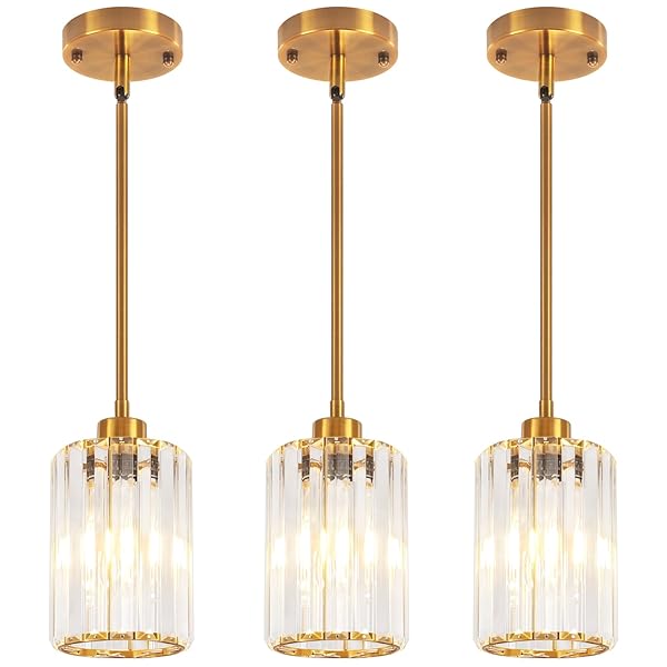 3 PACK BRUSHED GOLD PENDANT LIGHTS KITCHEN ISLAND, MODERN CRYSTAL PENDANT LIGHTING OVER ISLAND KITCHEN LIGHT FIXTURES HALLWAY CEILING LIGHTS ADJUSTABLE HANGING PENDANT LIGHT FOR BATHROOM FOYER