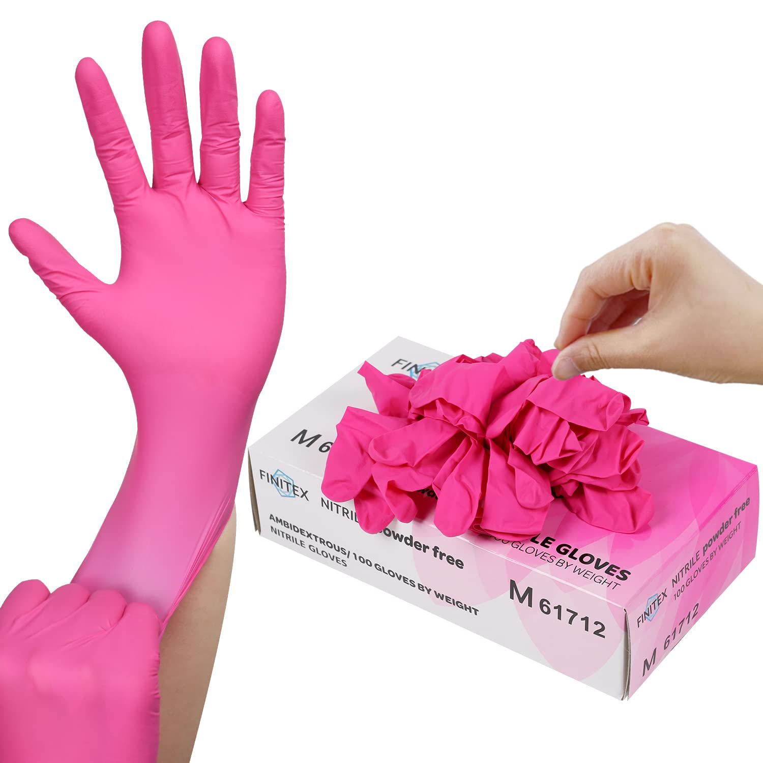 FINITEX Pink Nitrile Disposable Latex-Free Gloves - 3.5mil 100PCS Powder-Free Latex Free Cleaning Medical Exam Food Gloves