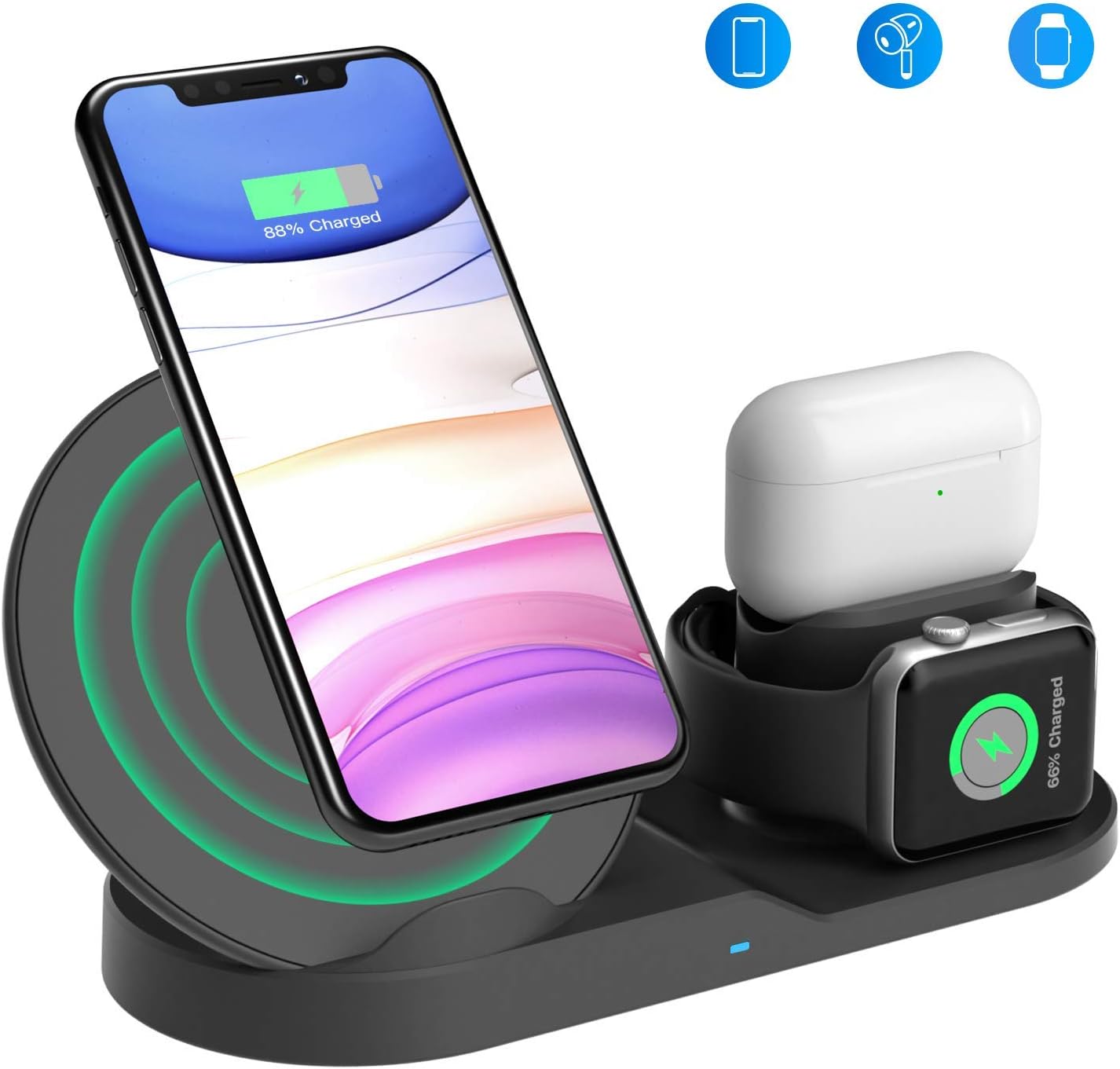 Wireless Charging Stand, Wireless 3 in 1 Charging Station Compatible iPhone 11/11 pro/11 Pro Max/Xs/XS Max/XR/X/8/8P Airpods 1, Airpods 2, Airpods pro, iWatch Series 5 4 3 2 1 - Adapter NOT Included