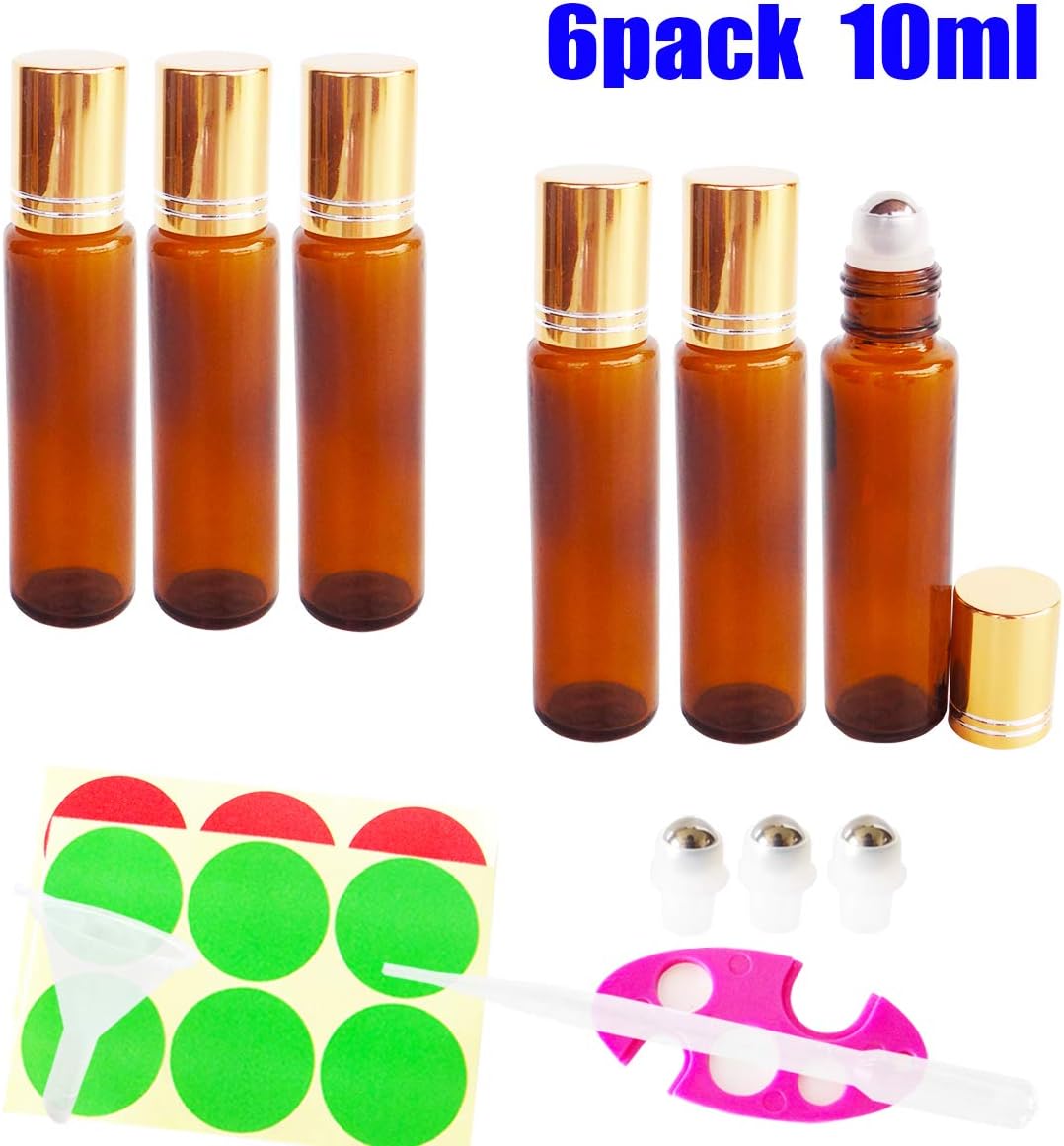 GreatforU 6pack 10ml Amber Empty Glass Roller Bottles for Makeup Essential Oil Perfume Blends, Portable Travel Size, FREE 3ml Dropper, Mini Funnel, Key Opener, Extra 3 Metal Roll-on Balls, 12 Labels
