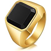 Gold Mens Rings, Black Onyx Signet Ring, Stainless Steel Agate Gemstone Fashion Square, Jewelry Gift for him(9-11)