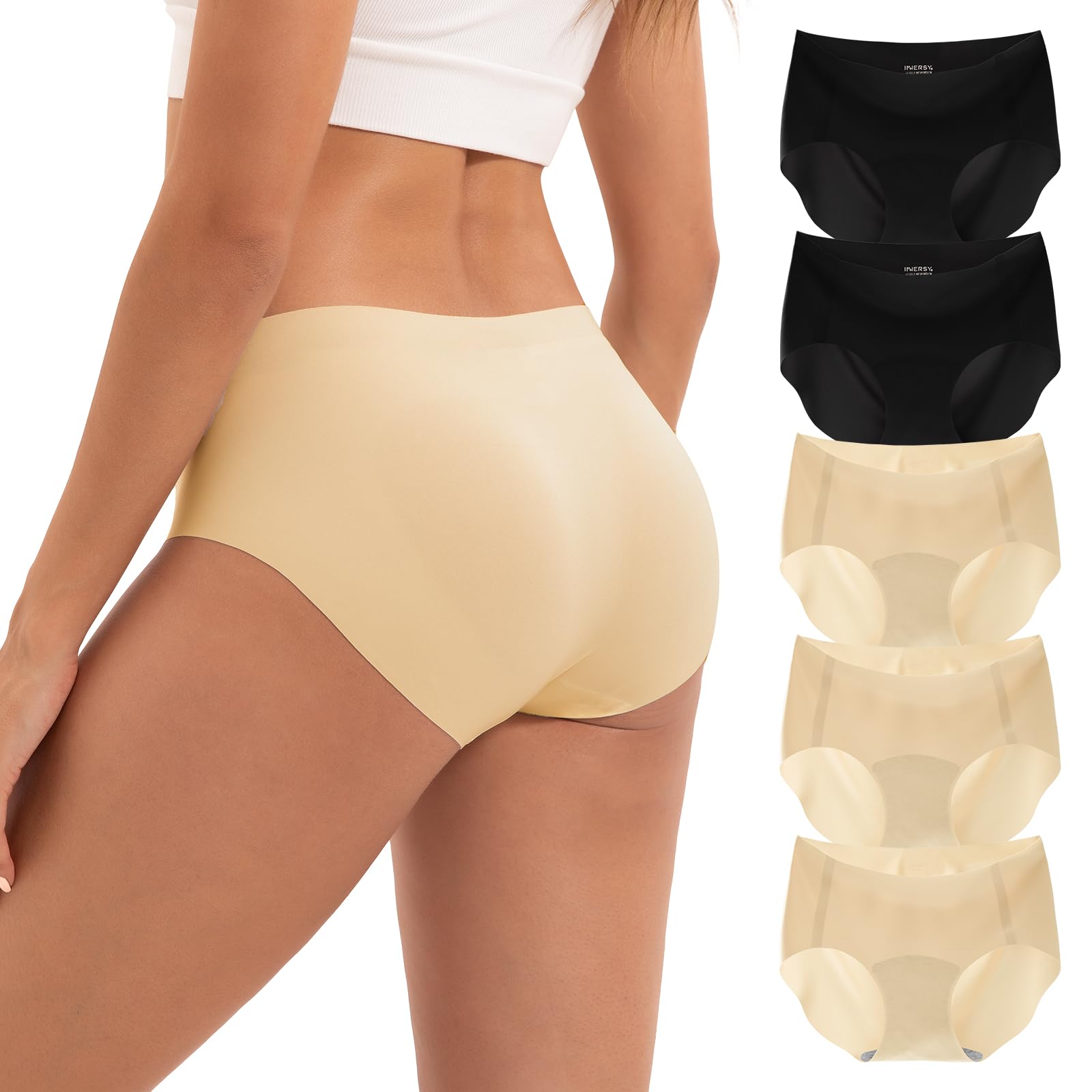 Photo 1 of INNERSY Women's Seamless Underwear No Show Invisible Lightweight Hipster Panties 5-Pack(Black/Nude,Small)