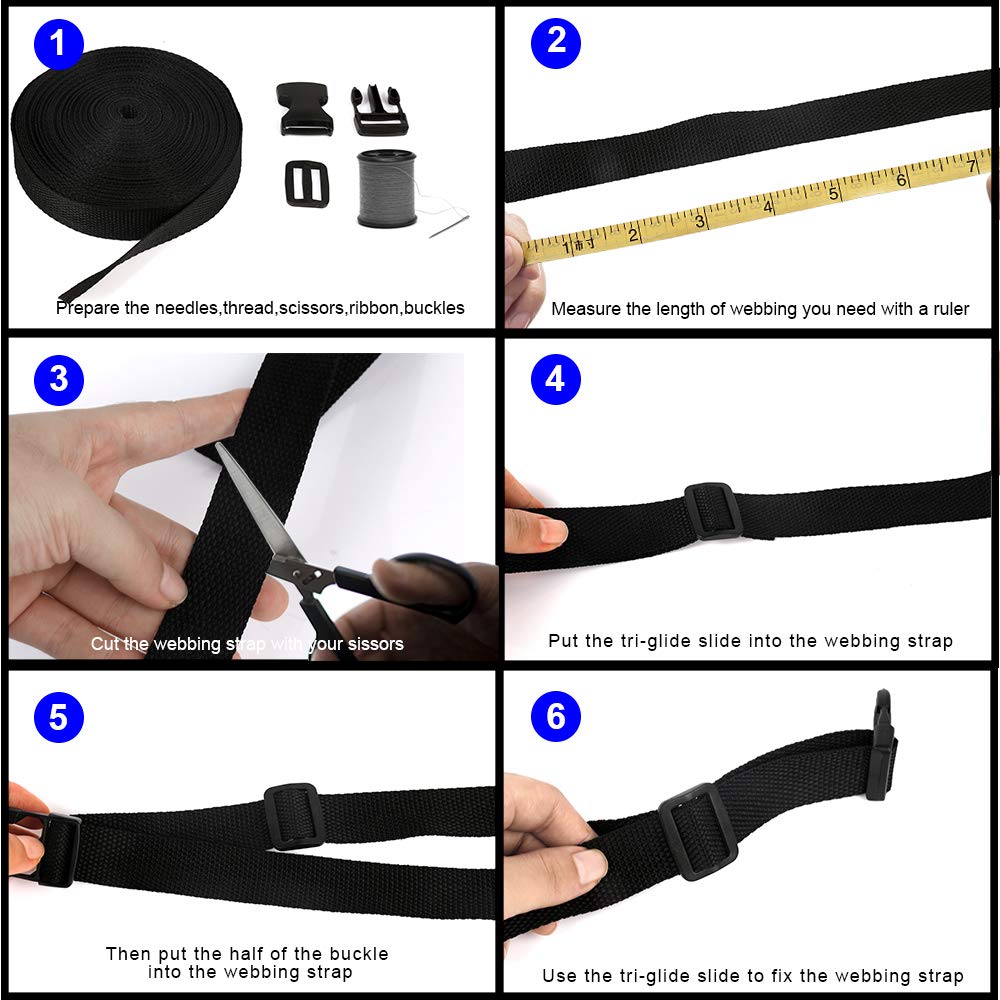 Buckles Strap Set, YGDZ 10 Yards 1 Inch Nylon Webbing Strap with 20 Set Side Release Plastic Buckles for Luggage Strap Backpack Repairing, Black