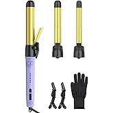 Rotating Curling Iron 3 in 1 Set, Automatic Curling Wand with 3 Interchangeable Ceramic Barrels(0.75" - 1.25"), Instant Heating Hair Culer with 5 Adjustable Temp, Include Heat Resistant Glove & Clips