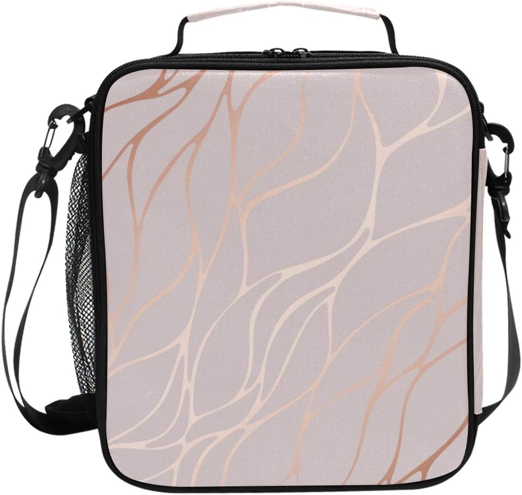 Insulated Lunch Bag Rose Gold Marble Pattern Zipper Cooler Lunch Box Tote Bag for Men Women Boys Girls Adult