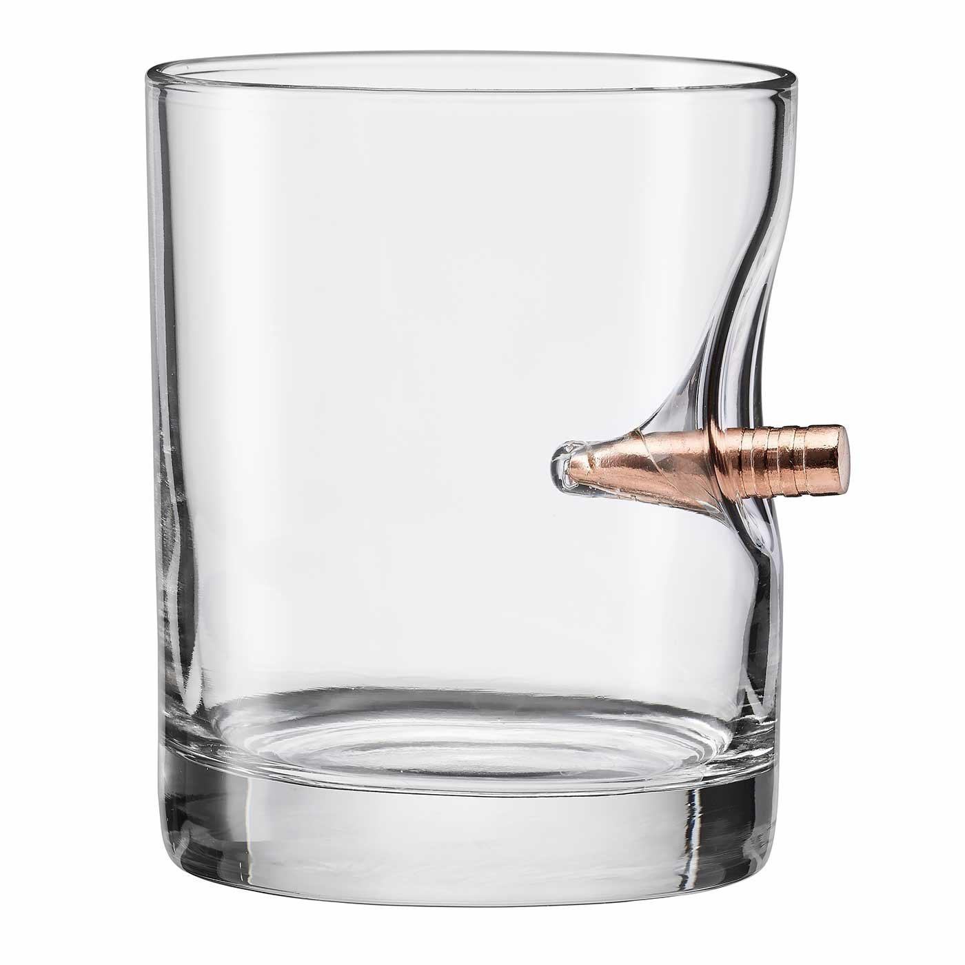 A transparent drinking glass made from high-quality, heavy glass that embeds a real, lead-free, solid copper .308 bullet.