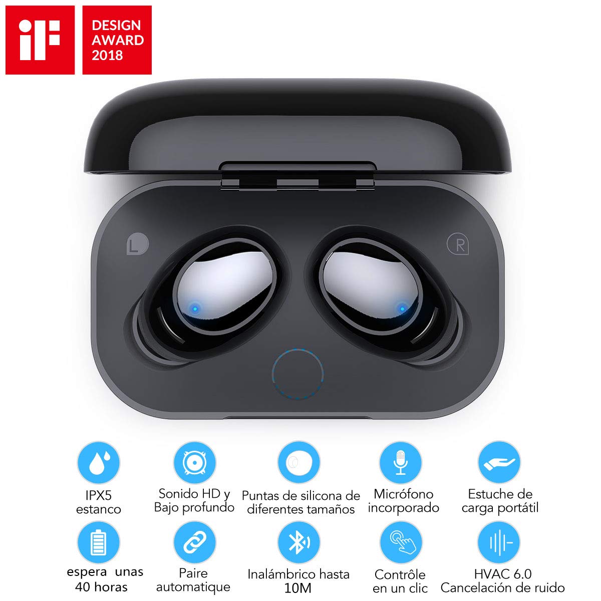 Auriculares Bluetooth In-Ear, Rock Mini Twins Estéreo Hi-Fi Manos Libres Auricular Deportivos Inalámbricos IPX5 Cancelación Ruido Micrófono Integrado con Caja de Carga para iPhone iOS Android