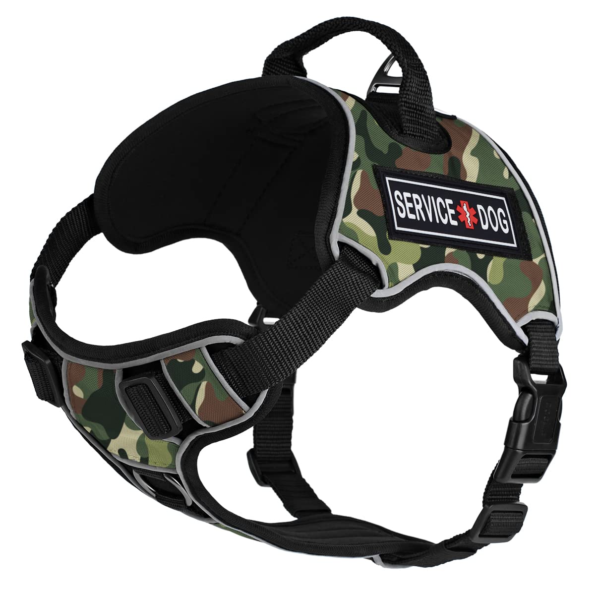 Dogline Quest No-Pull Dog Harness with 3D Rubber Service Dog Removable Patches Reflective Soft Comfortable Dog Vest with Quick Release Dual Buckles Black Hardware and Handle 18 to 22 inches Green Camo