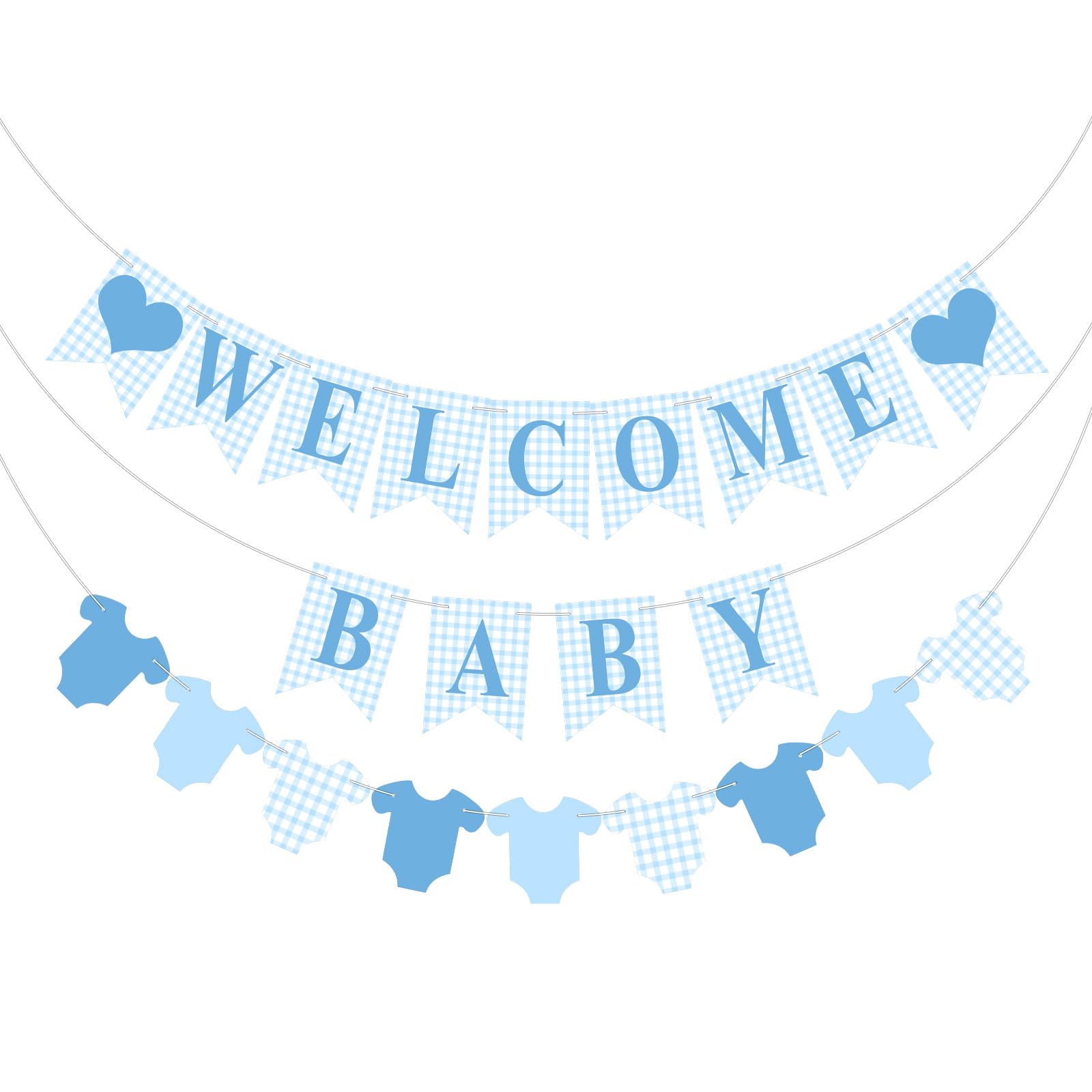 Hahafelt 1 Pcs Blue Gingham Welcome Baby Banner for Party Decorations Blue Pre Strung Baby Shower Gender Reveal Paper Banner for Table, Wall or Mantel Display Party Decor Supplies